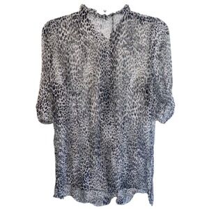 Eduardo Blanco Silk Leopard Sheer Ruffle Placket Longline Blouse Small
